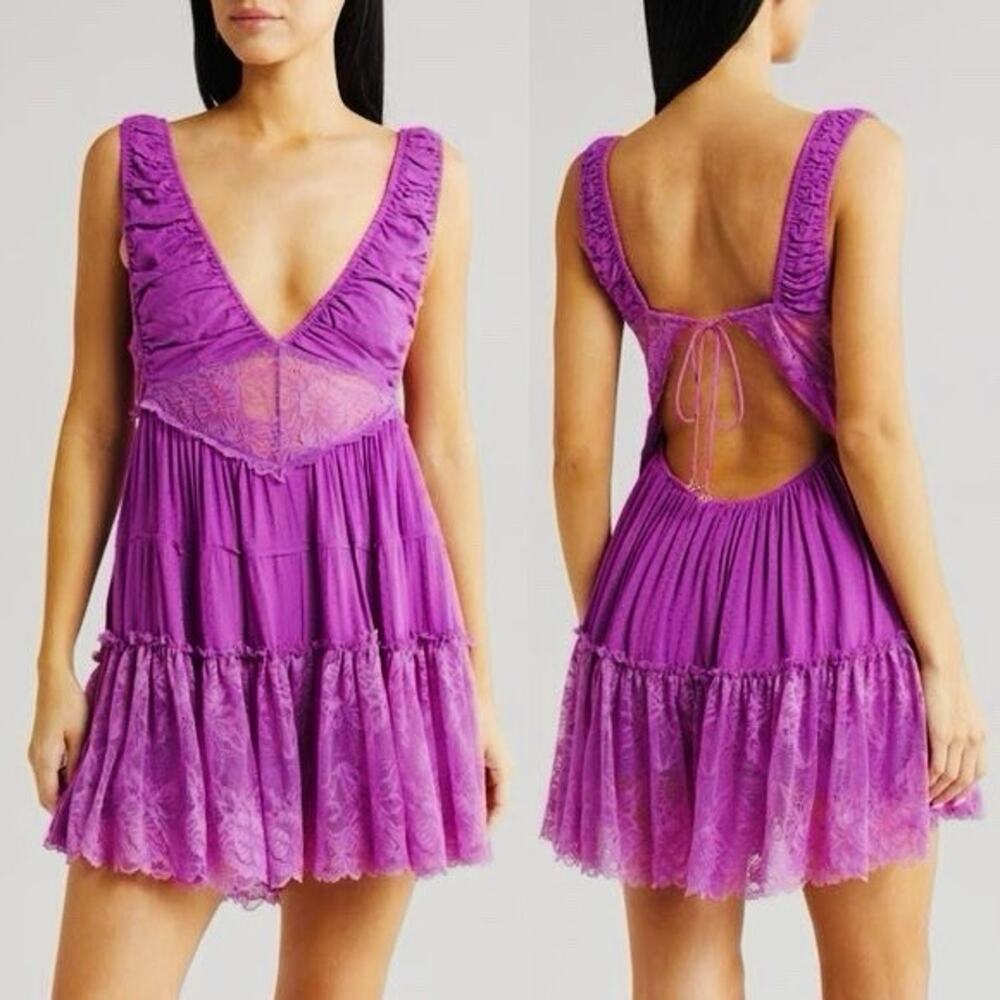 FREE PEOPLE Intimately Size XL Spring Fling Open Back Romper Lace tiered ruffle